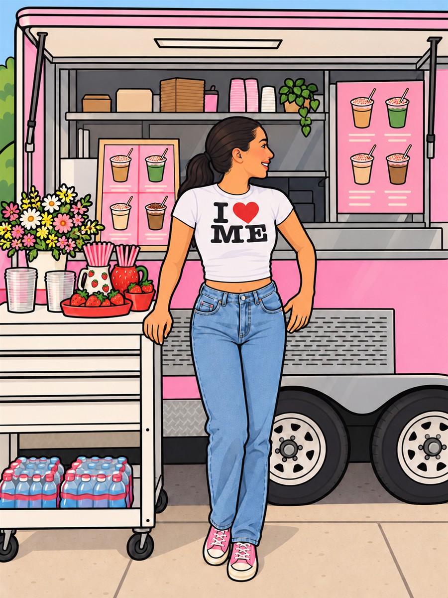 Illustration of Moe at the pink coffee trailer